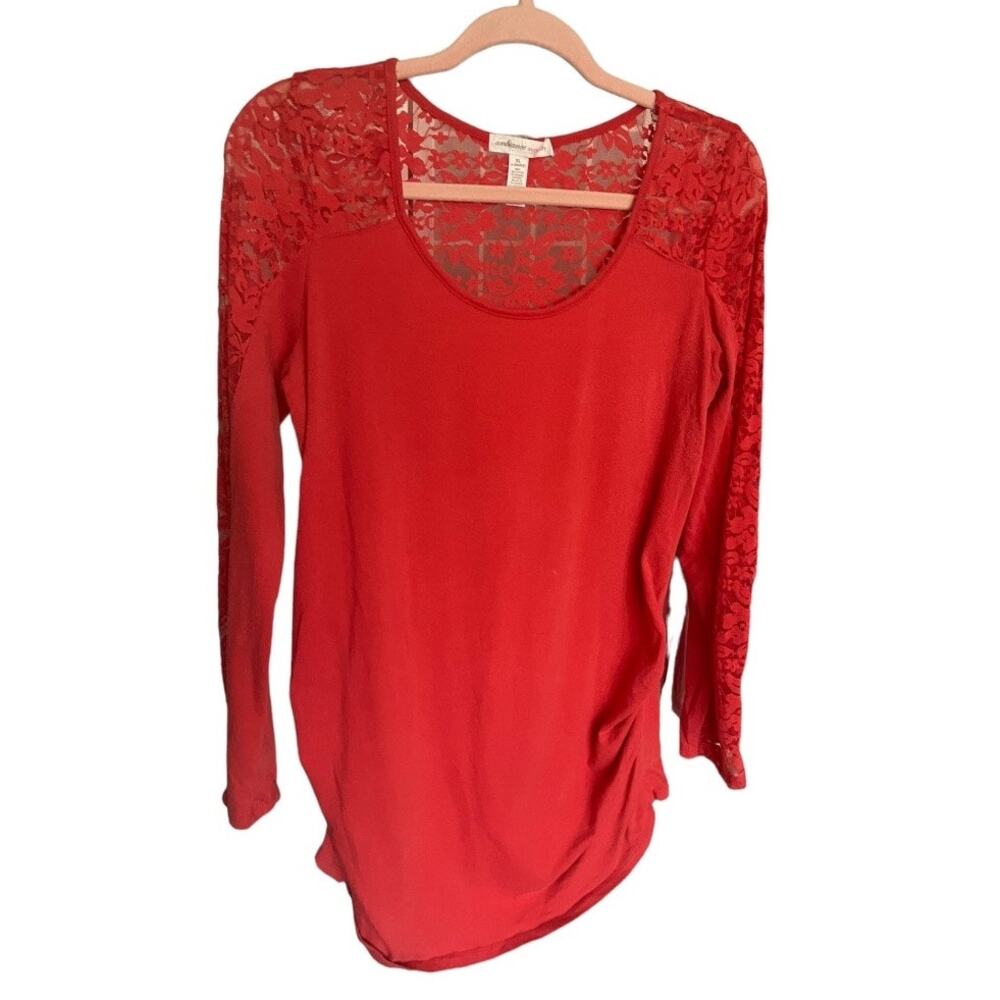 Ambiance Maternity Red long sleeve shirt ruched sides sheer lace sleeves back XL